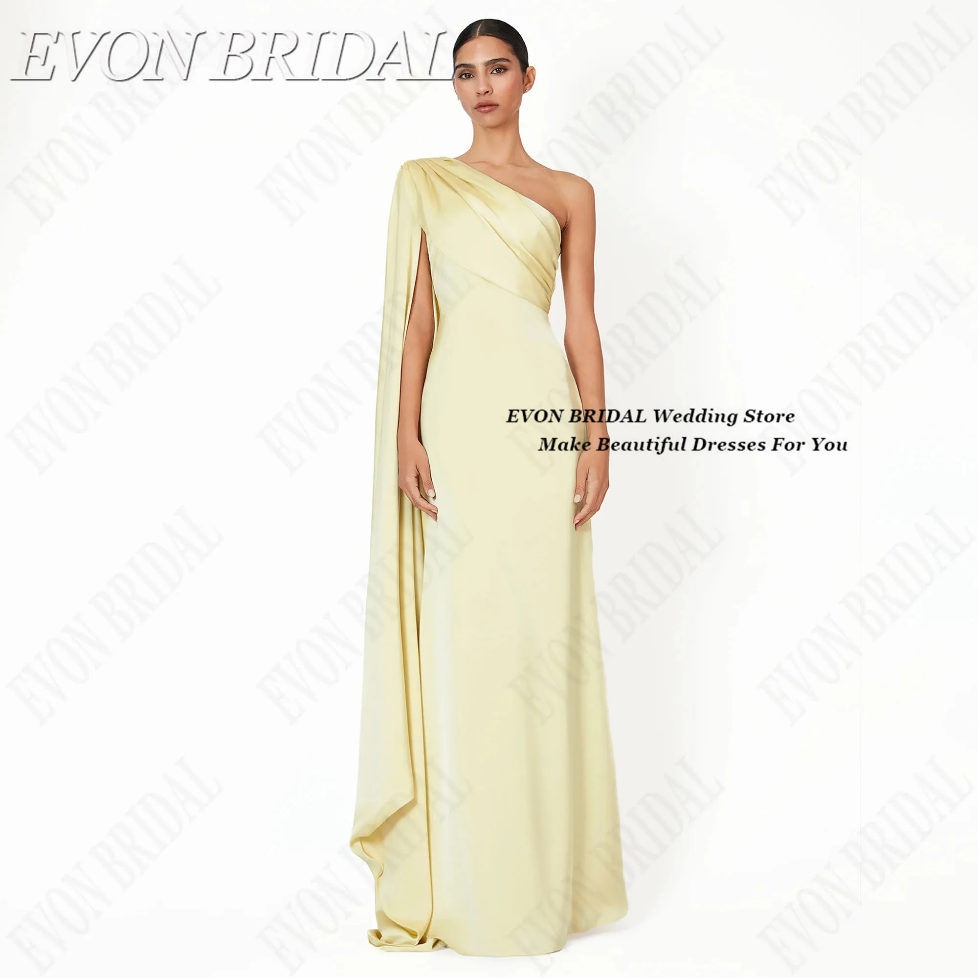 

EVON BRIDAL Light Yellow Wedding Evening Gown One Shoulder Draped Party Gowns 2025 Sleeveless Elegant Dresses For Party Customiz