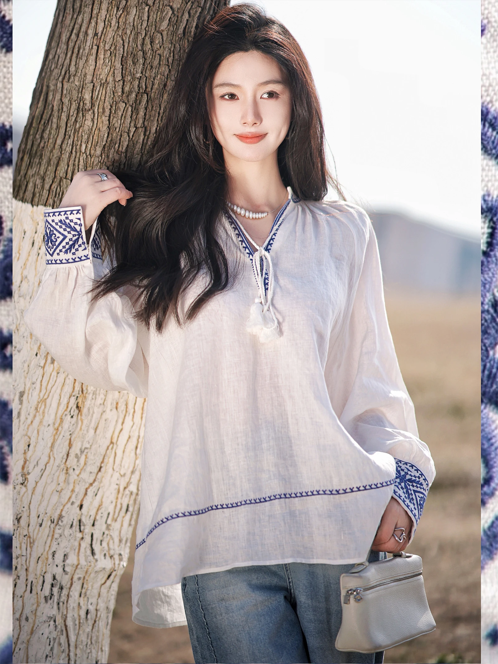 

Изысканный французский льняной топ с вышивкой на шнуровке от Zhao Da Xi, простой повседневный стиль, длинный рукав, женский топ