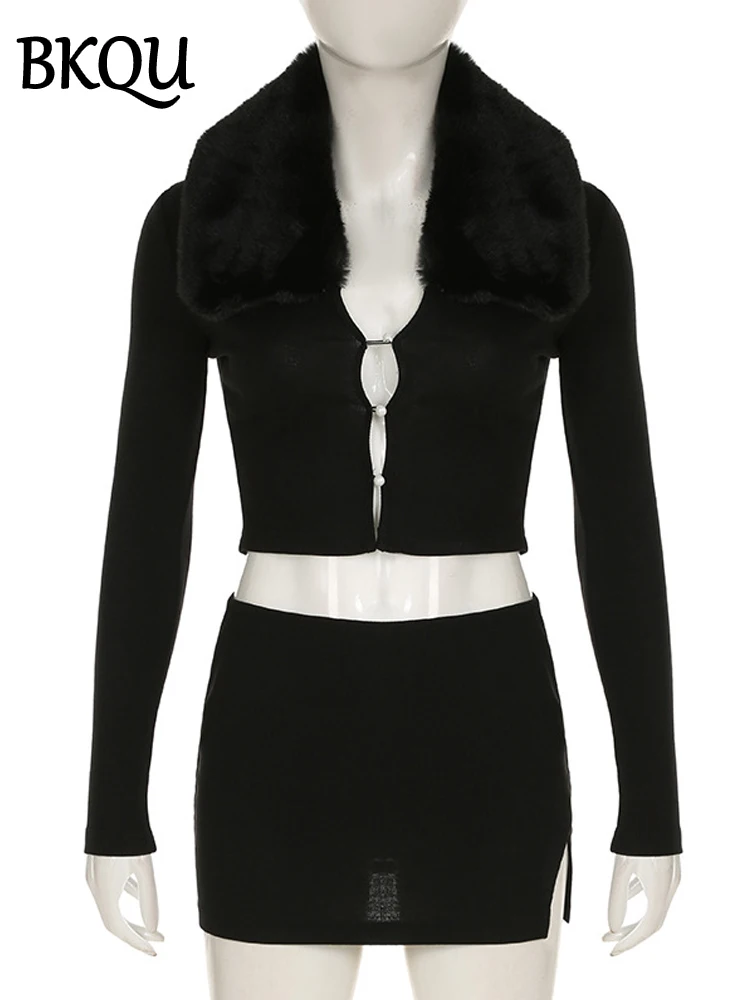 BKQU Sexy Fur Collar Hollow Crop Top Mini Skirt Women 2 Piece Set Autumn Elegant Knitted Bodycon Nightclub Dress Outfits 2024
