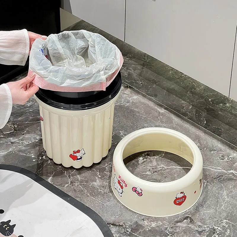 Sanrio Hello Kitty Cream White Glossy Garbage Bin Anti-Slip Fixing Inner Bucket Trash Bag Fixed Bathroom Bedroom Kichen Bin view 3