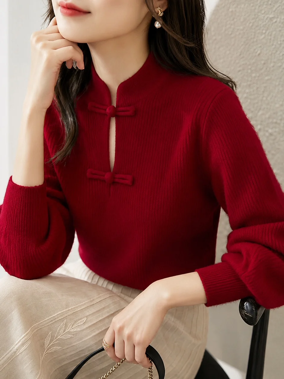 New Chinese Style Red Knitted Long Sleeve Thick Soft Winter Sweater Women's Comfortable Commute Fashion Soft Knit Top