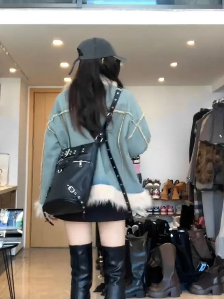 

Джинсовые пальто для женщин, длинные меховые плюшевые женские осенние прямые посадки в готическом стиле, в стиле панк, для ночного клуба, впитывающие влагу, стеганые на плюшевой подкладке