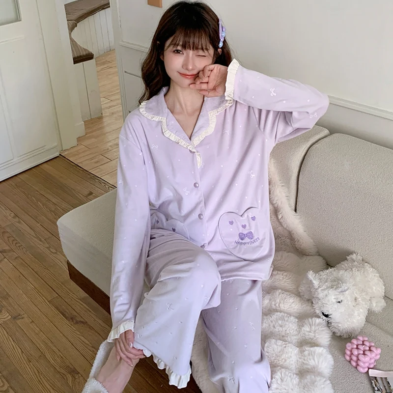 

Осенние бархатные пижамные комплекты с длинными рукавами для женщин, корейская милая кружевная одежда для сна, пижама Mujer, домашняя одежда, женская домашняя одежда