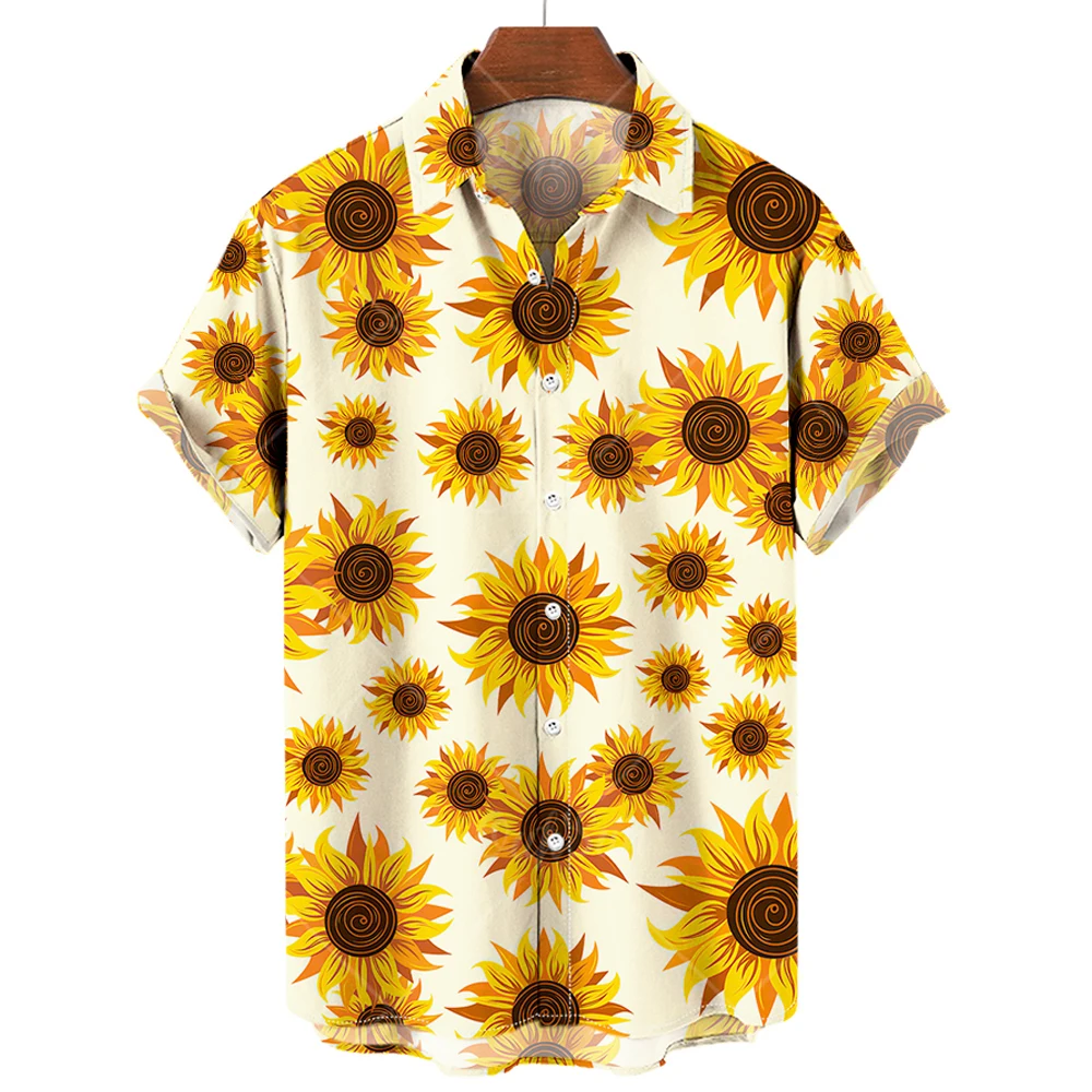 Hawaiiaanse Heren Overhemden 2023 Zonnebloem Zonneschijn Print Revers Shirts Voor Heren Mode Korte Mouw Tops Losse Oversized Heren Kleding