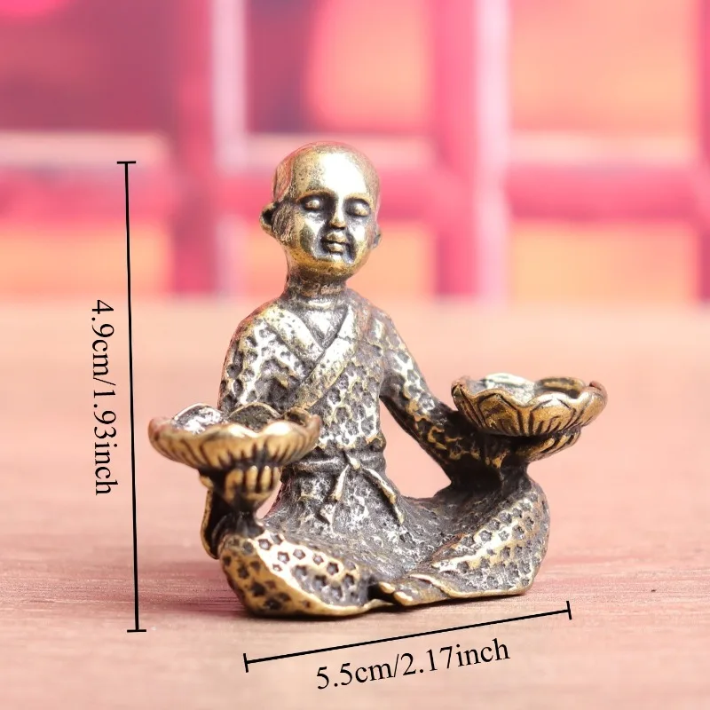 Brass Mini Monk Figurine with Dual Lotus Holder Retro Desktop Incense Stand Tea Pet Zen Ornament
