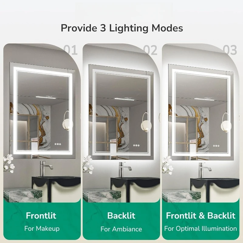 Cermin LED Kamar Mandi 24X32 dengan Lampu, Lampu Depan & Lampu Latar Kontrol Terpisah, Cermin Menyala Kamar Mandi dengan 3 Warna Steple