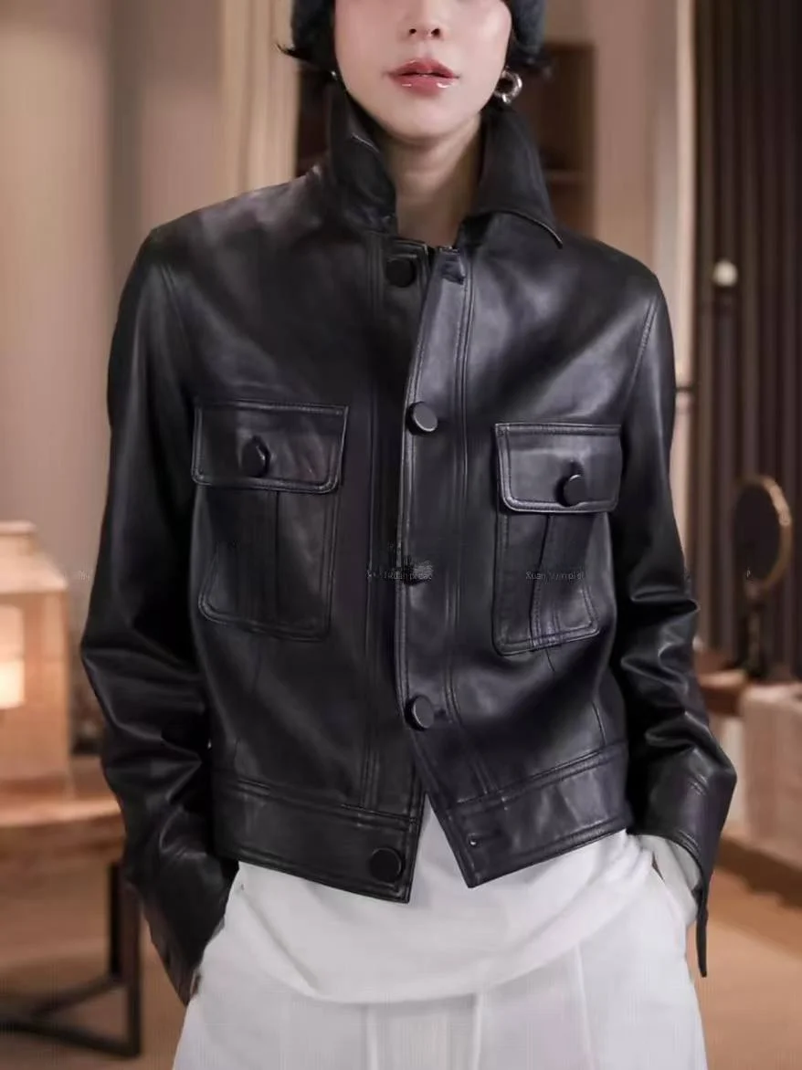 

Fall 2025 New European Sle ort Leather Jaet Women's Loose Fit eepskin Coat Casual Commute Sle Long Sve Coat