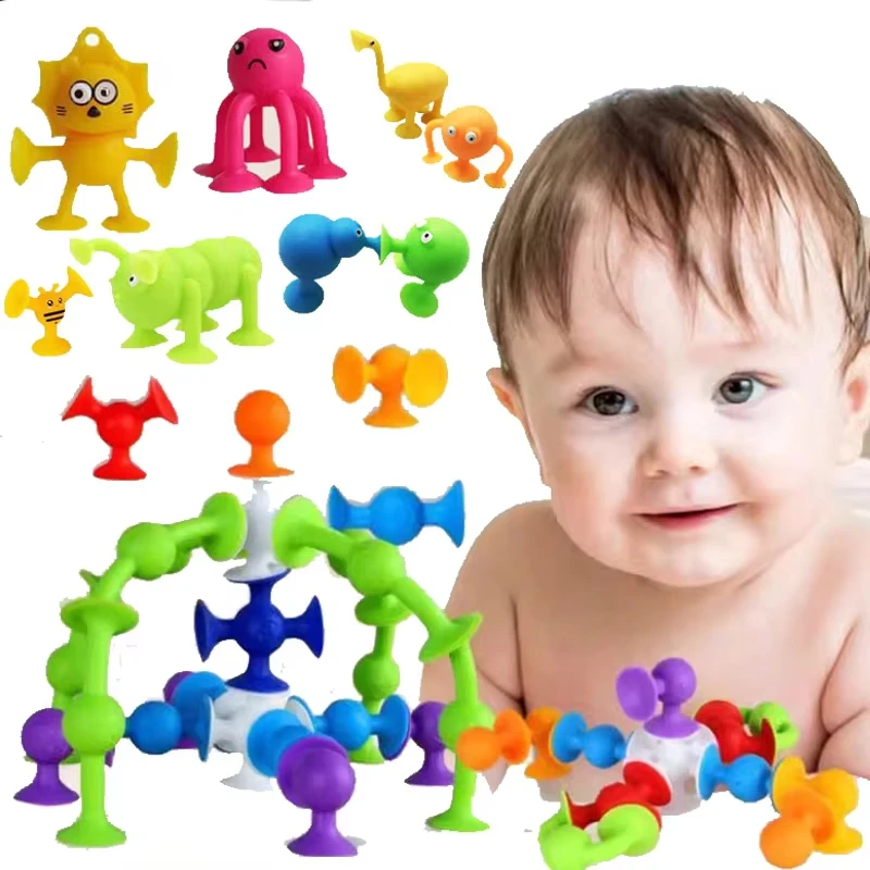 Suction Cups Children Toy Silicone Pieces Games Build Block Suction Bath Toy Sensory Fidget Sucker Toy for Kids 2 to 4 Years Old
