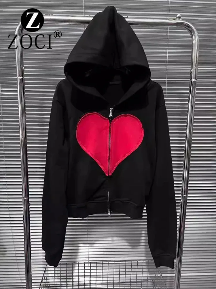 [ZOCI] Tie Fabric Heart Splicing Washed Old Hoodie Autumn Hooded Cardigan, Zipper Short Jacket New