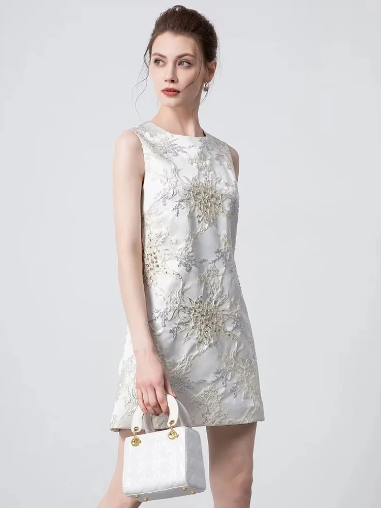 Seasixiang Fashion Designer Summer Jacquard Tank Dress Women\'s O-Neck Sleeveless Sequins Diamonds Vintage Dresses