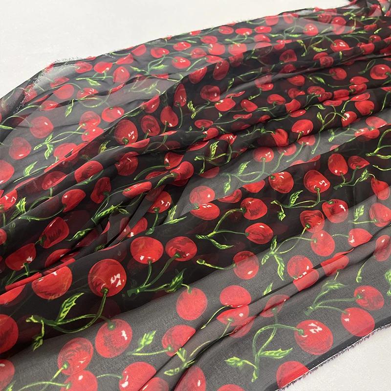 Spring and Summer New Fashion Chemical Fiber Chiffon Print Fabric Women\'s Clothing Cherry Face Soft Draped Skirt Fabric