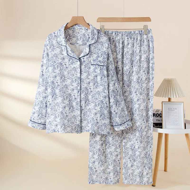 

Soft Breathable 100% Cotton Women's Pajama Set, Blue White Floral Landscape Print Loose Fit Notched Lapel Home Wear