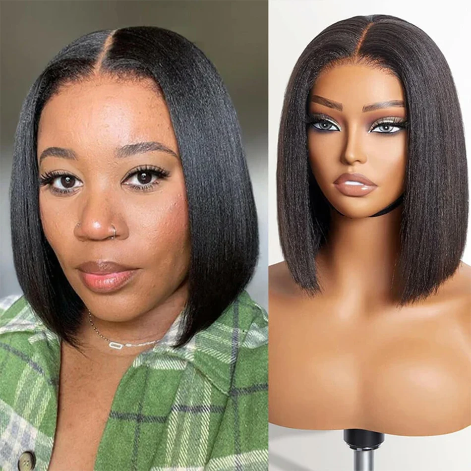 12A Yaki Straight Bob Wig Transparent Lace Frontal Human Hair Wigs For Women Kinky Straight Short Bob Wig Lace Front Closure Wig