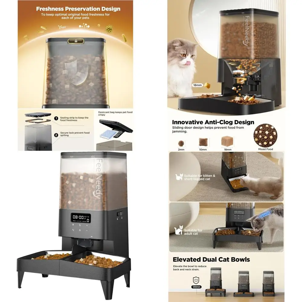 

Программируемая автоматическая кормушка для домашних животных с 2 приподнятыми мисками, 48 порций, 6 ежедневных приемов пищи для кошек и собак