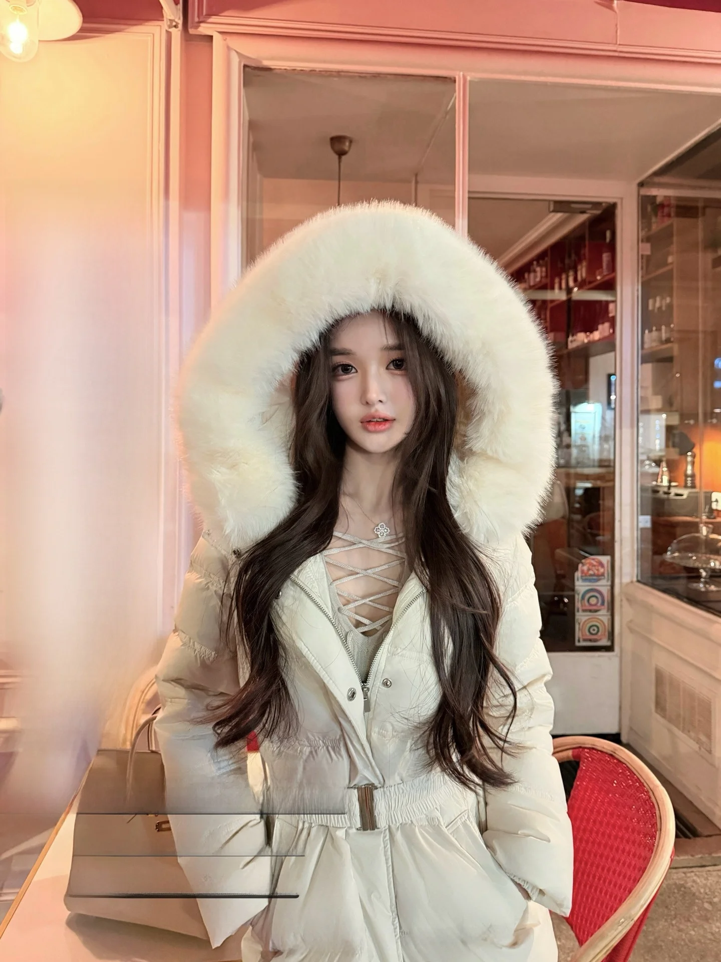 

Seoul Initial Snow 90 White Du down Jaet Removable Hood Large Fur Collar Waist-Cinching Warmth Outerwear Women's Ele ...