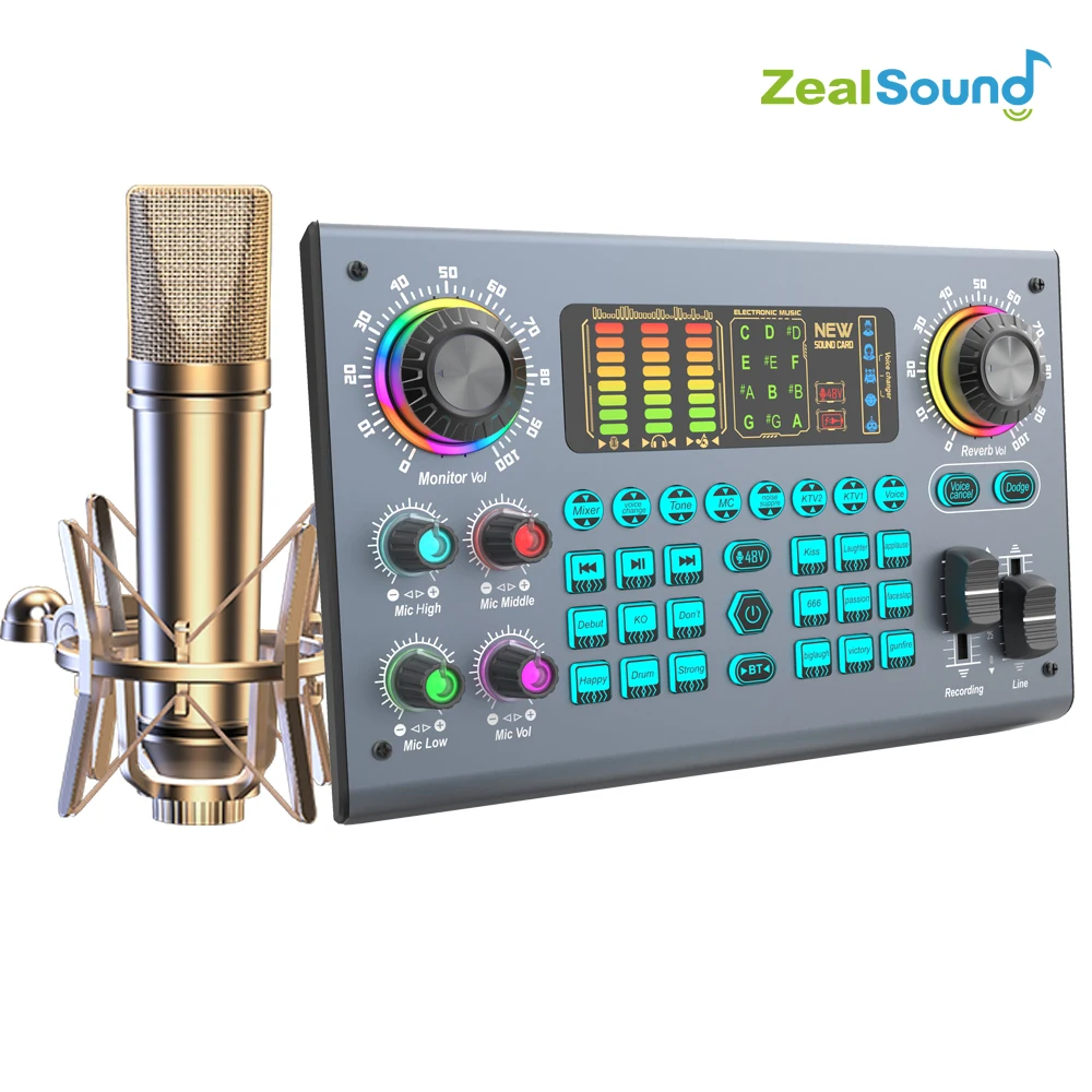 Zealsound profesyonel Podcast canlı ses kartı ekipmanları PC kayıt şarkı akışı oyun için 48V XLR mikrofon ile paket