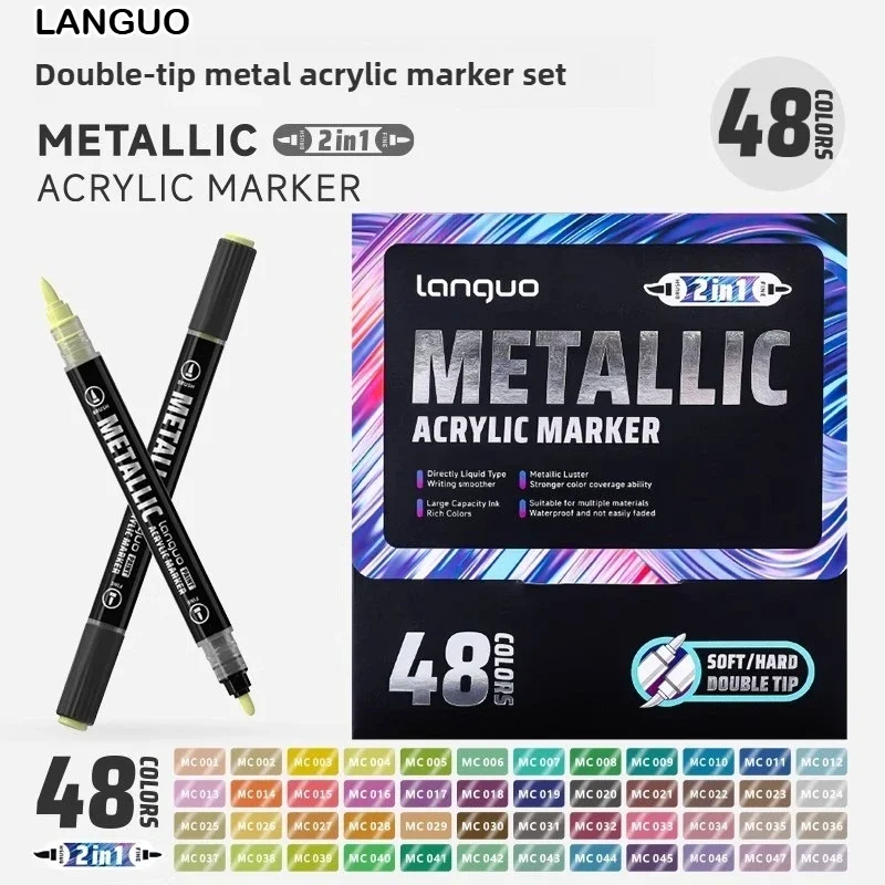 

LANGUO 48/12 металлические цвета, двойной наконечник, прямые жидкие маркеры, накладка без кровотечения, ручки с мягким наконечником, художественные канцелярские принадлежности, школьные принадлежности для DIY