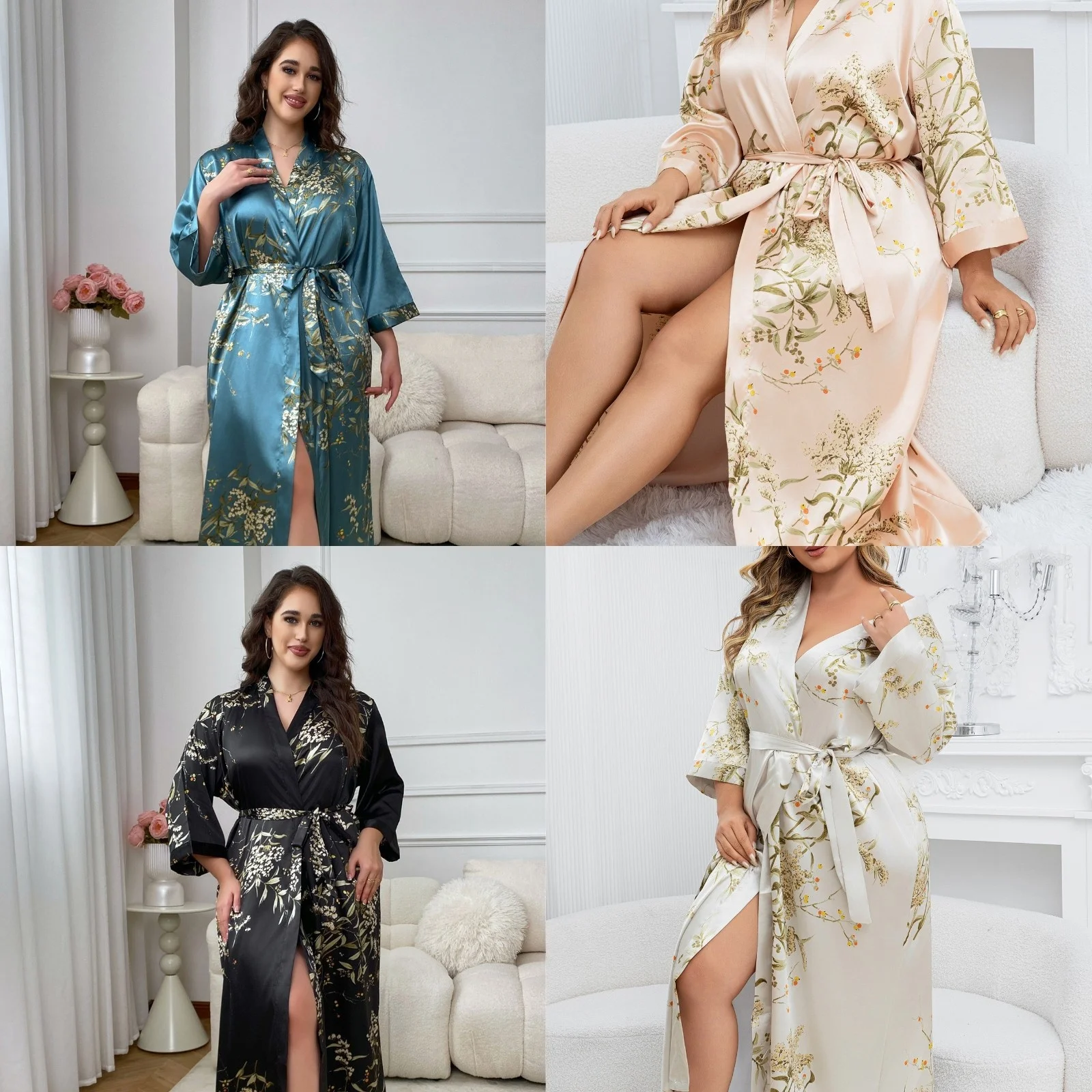 

Bathrobe for Female Classic Floral Sleepwear Thin Spring and Autumn Long Sleeve Yukata Absorbent Quick Drying Bath Robes
