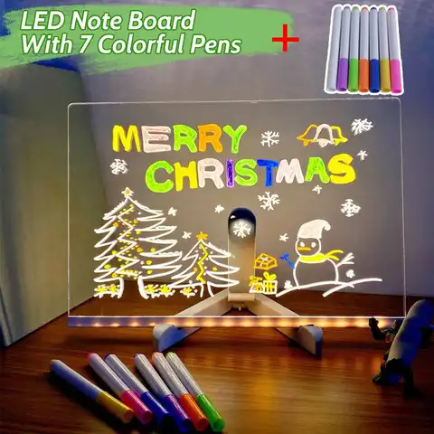 LED 노트 보드 라이트 업 드라이 지우기 보드, LED 문자 메시지 보드, 7 가지 다채로운 펜, 가벼운 아크릴 드로잉 보드