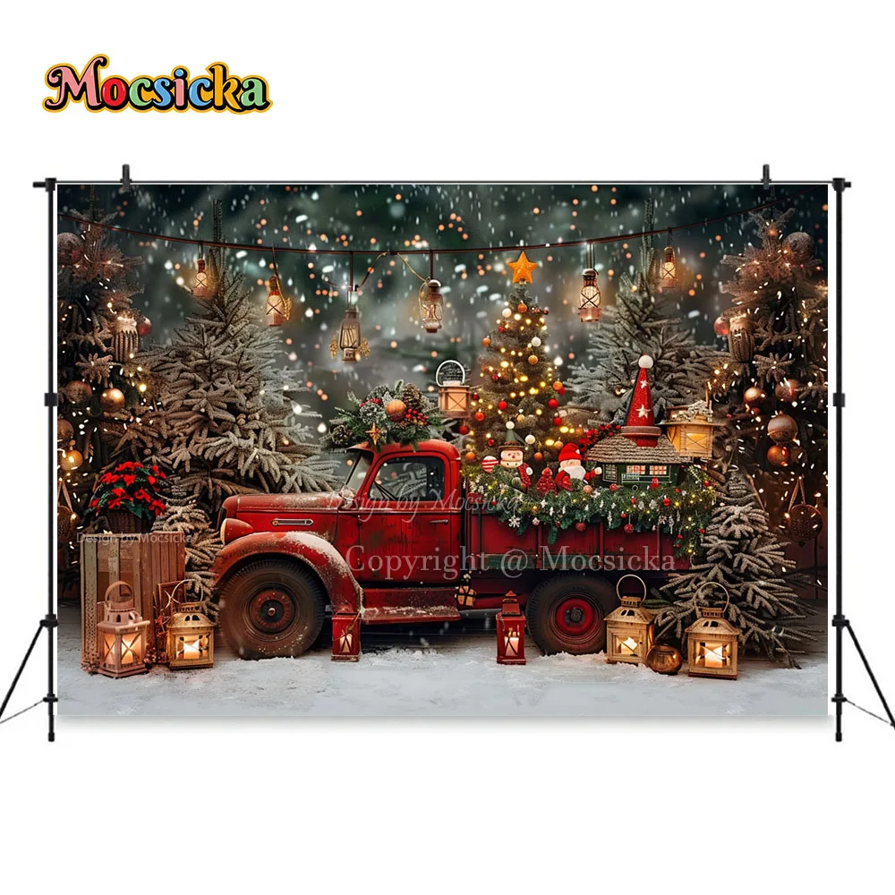 Mocsicka Red Christmas Truck Photography Background Xmas Tree Lanterns Snowflake Backdrop Winter Kids Outdoor Photo Studio Booth