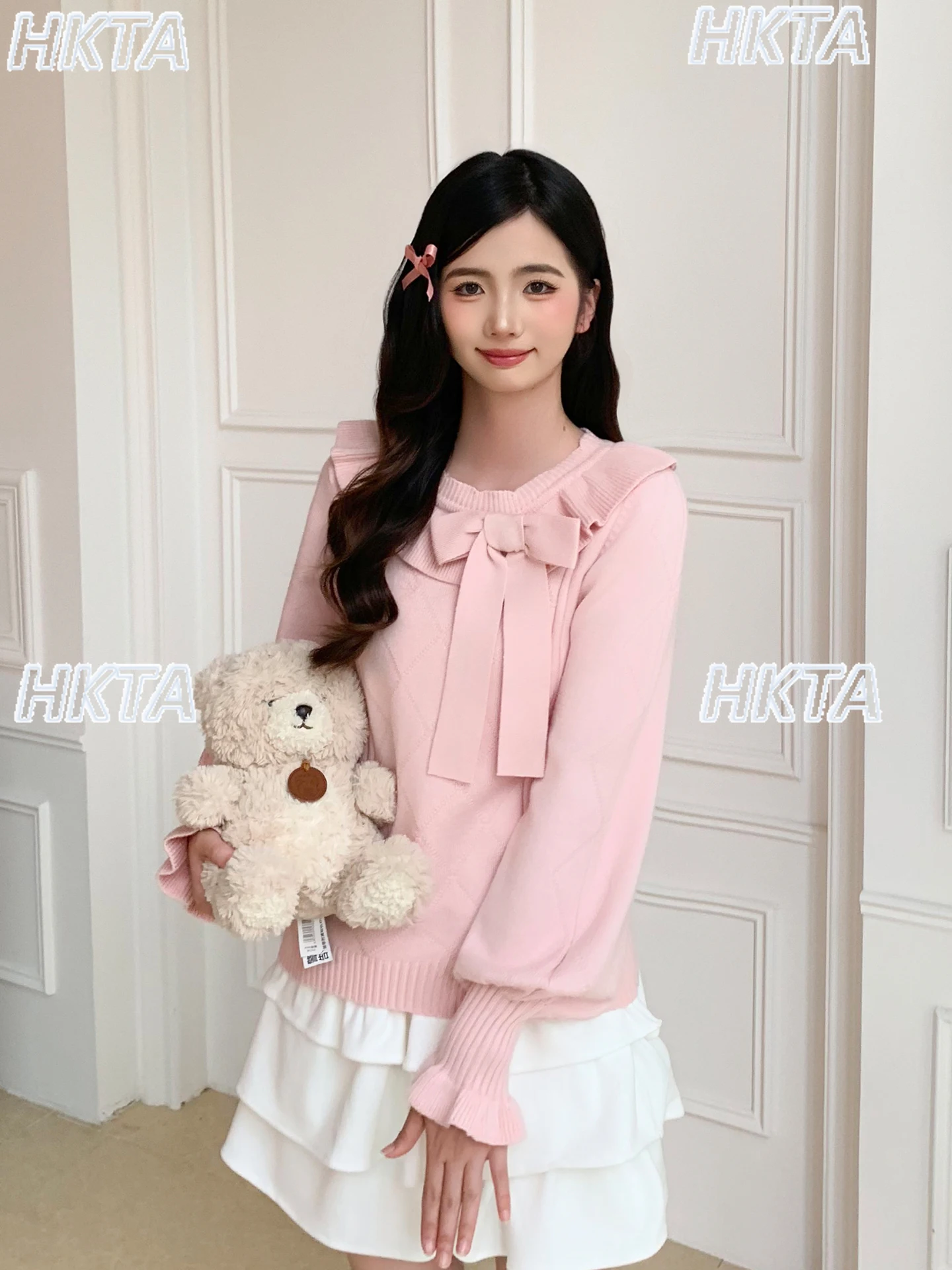 Lolita Rüschen Rand Rundhals Bogen Raute Lange Ärmeln Gestrickte Bodenbildung Pullover Herbst Lose Süße Pullover Pullover Top Frauen