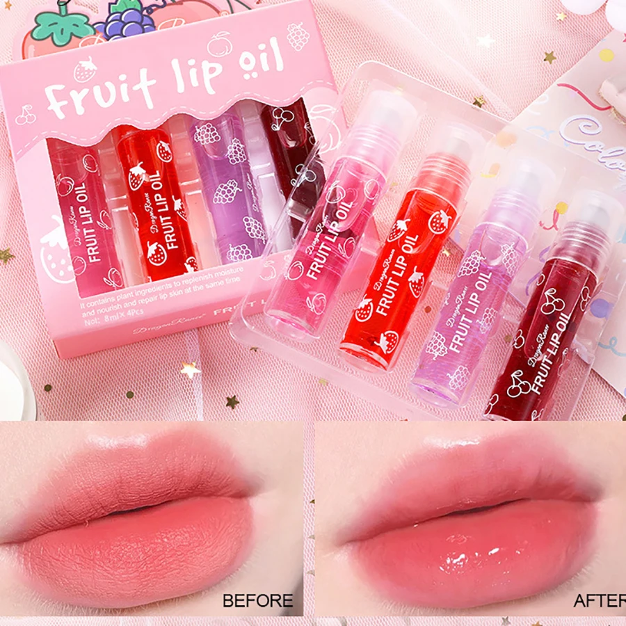 

Walking Beads Lip Oil Set of 4 Moisturizing and Nourishing Roller Ball Lip Oil Anti-Dry Cracked Colorless Transparent