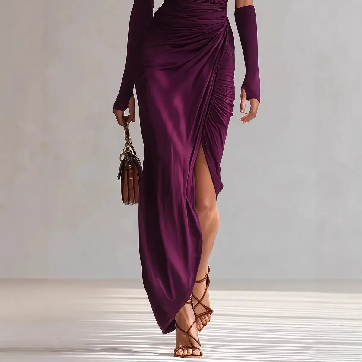 One Pleated Dress High Waist Streetwear with Maxi Length Long Sleeve Half Open Neck Fitted Waist Casual Long Dress for Women