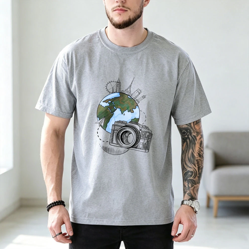 Camera World Globe Graphic Tee Travel Landmark Photography Wanderlust Creative Lifestyle Men Women Tops Cotton Short-sleeve Tees