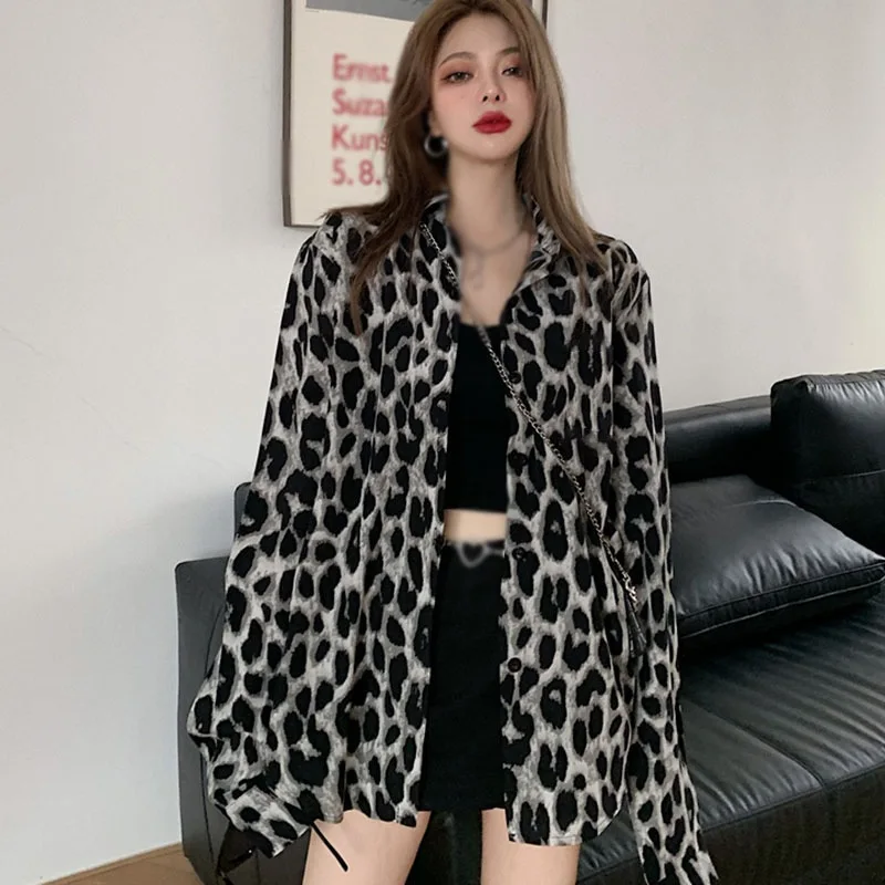 Women Leopard Print Shirt Retro Hong Kong Flavor Autumn New Mid-length Loose Long-sleeved Blouse