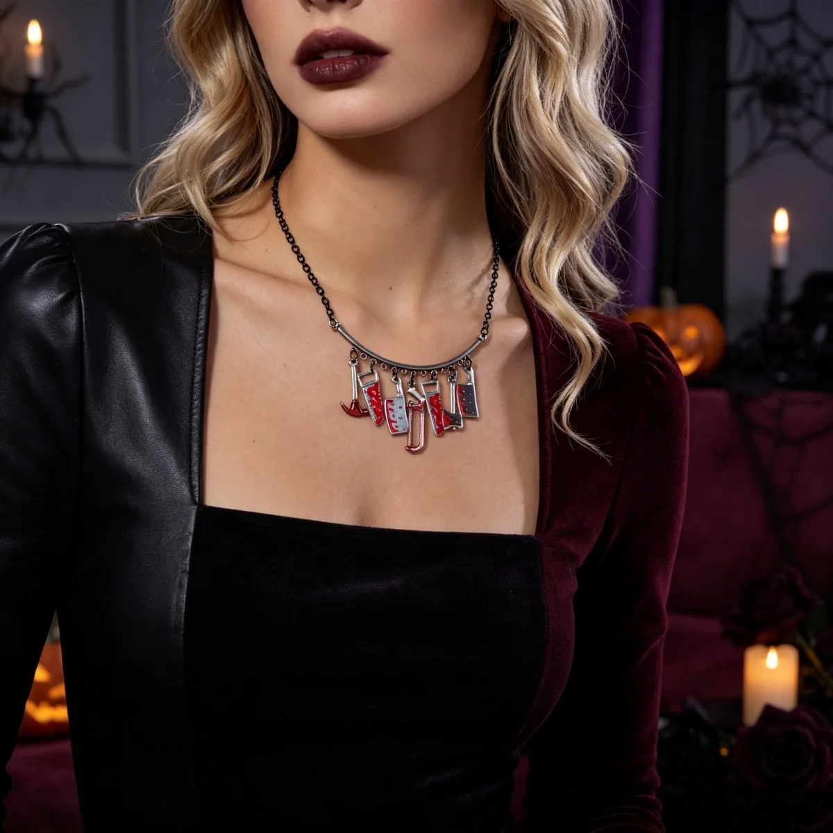 Halloween-Blut-Tropfen-Messer-Axt-förmige Quasten-Halskette für Damen und Herren, Gothic-Punk-Cosplay-Party-Ketten-Choker, Modeschmuck-Geschenke – Detail 4