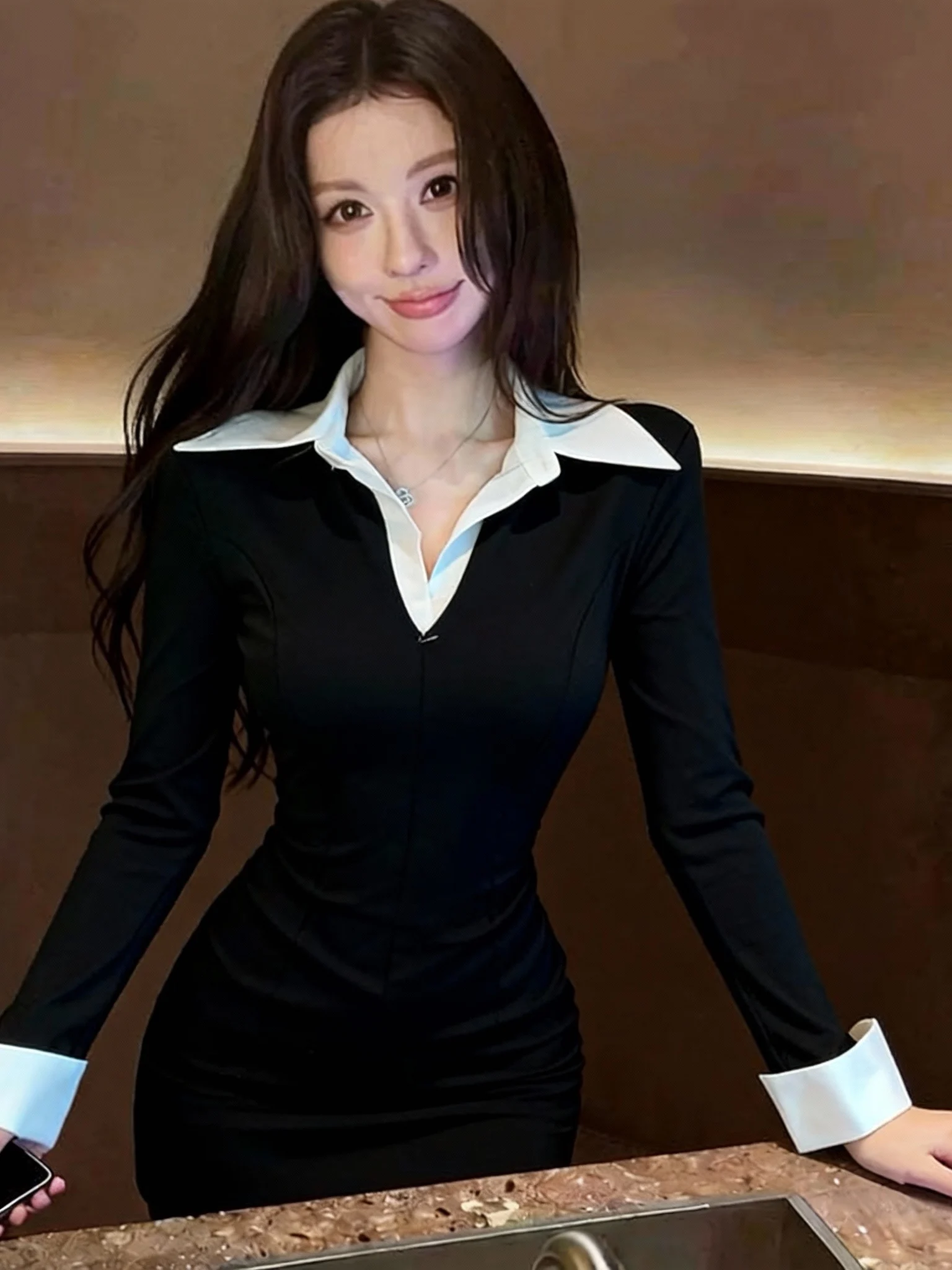 

Корейская стильная приталенная футболка с воротником на молнии и вставками, имитирующая двухслойность, для молодых женщин, на каждый день