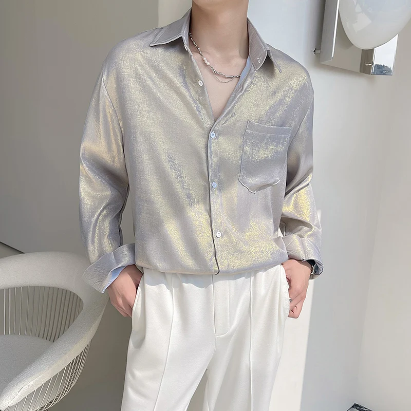 

Spring Season Men's Long Sve Silk Satin iny Surface Thin Outerwear irt Personali Mismatched Light Reflecting Haome