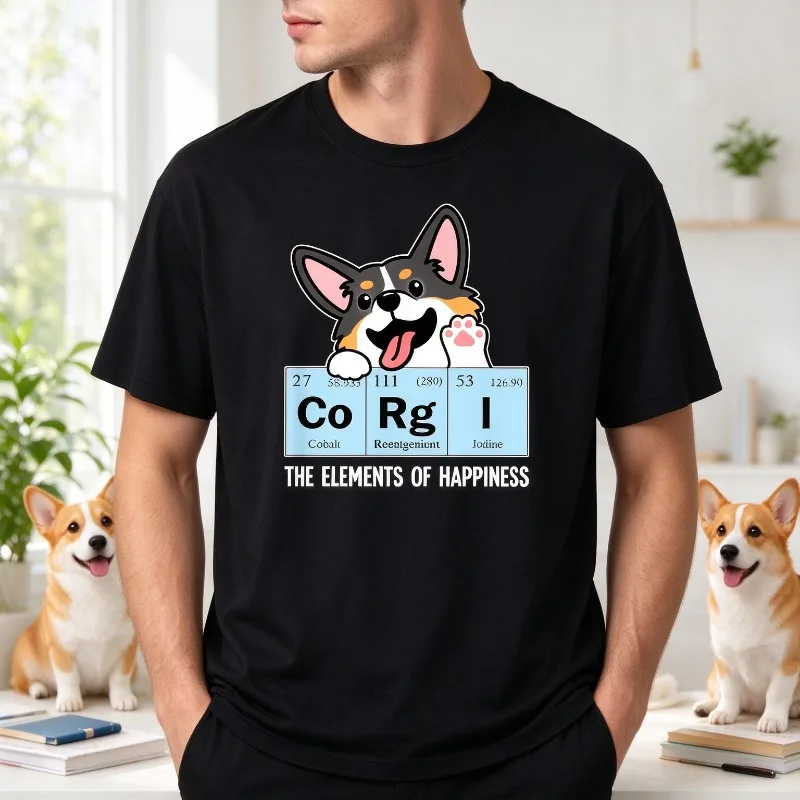 The Elements of Happiness Corgi Dog Science T Shirt Men Funny Graphic Print Soft Modal Crewneck Tee Fashion Streetwear Top