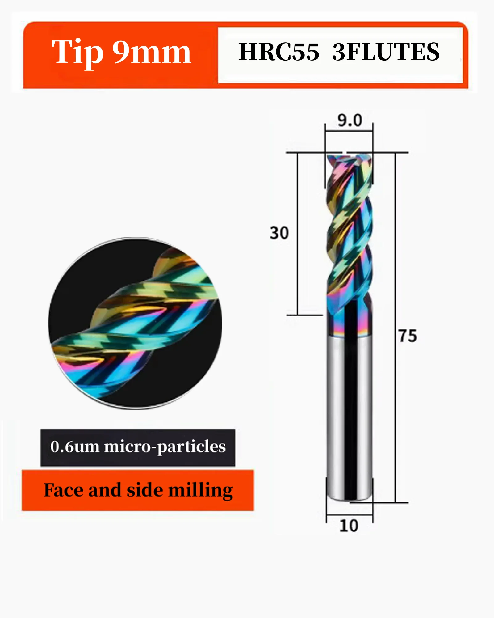 3pcs HRC55 9.0mm Tungsten steel Square Nose 3 Flutes Carbide End Mills with Nanco Colorful Coating CNC Bits for Plastic