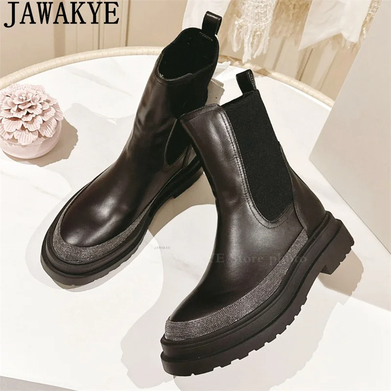 

Real Leather Round Toe Thick Bottom Motorcycle Boots Women Elastic Slip On Platform Punk Boots Winter Runway Fashion Week Boots