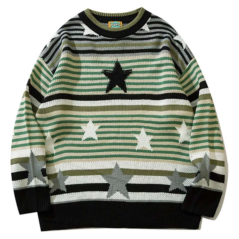 Suéter de rayas Vintage Harajuku para hombres, suéteres de punto de gran tamaño, Flocado de estrellas, ropa de calle de otoño e invierno, jerséis