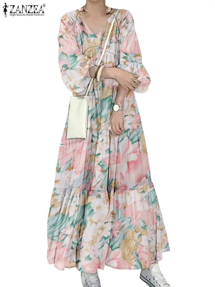 ZANZEA-vestido midi em camadas com decote em V para mulheres, manga lanterna, estampa floral, vestes longas, solto, casual, elegante, feriado, outono, 2024