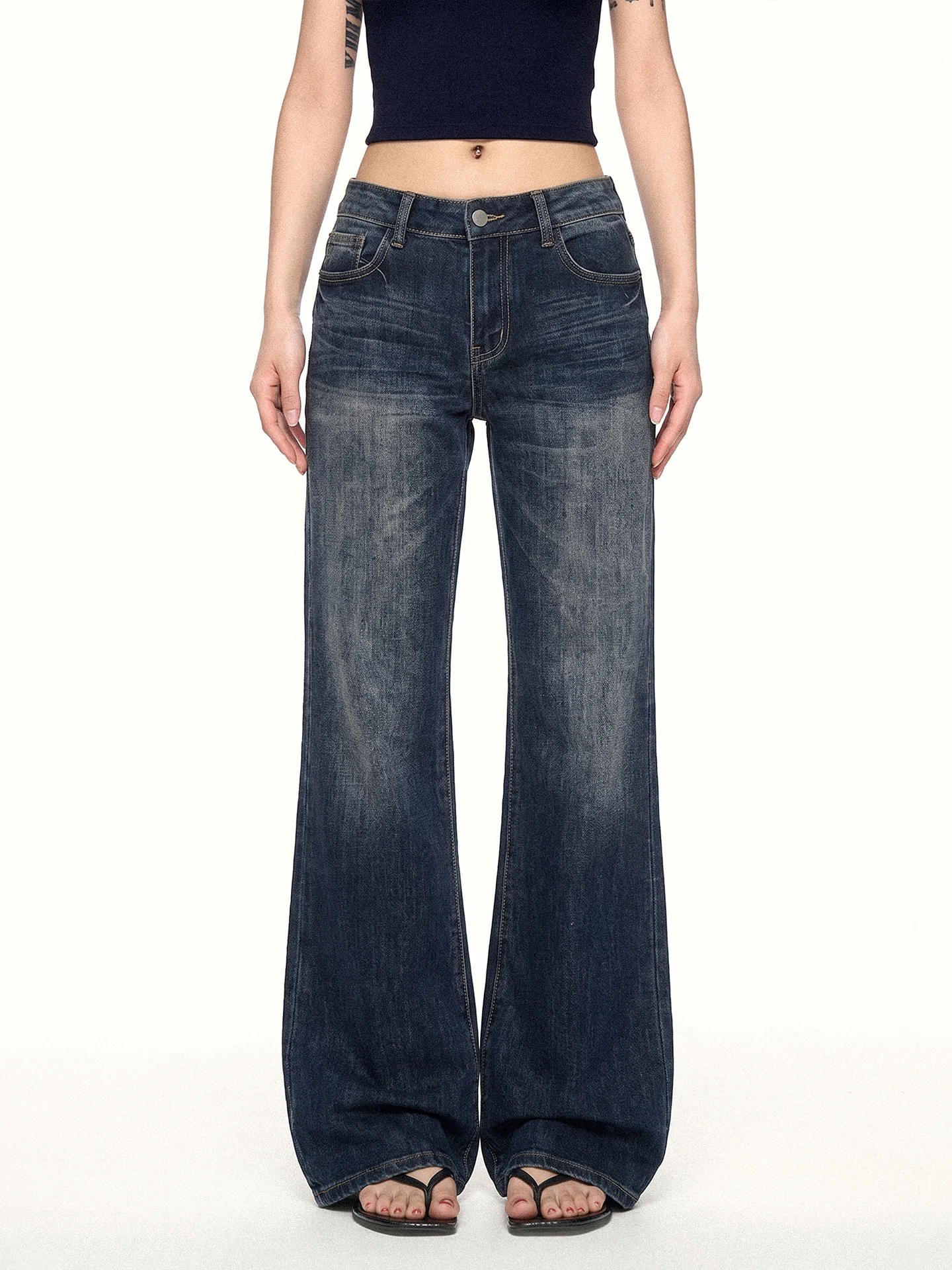 Aaisup Low Waist Elastic Versatile Blue Grey Denim Jeans Women's Heavy Duty Washed Back Paris Buckle Long Trousers