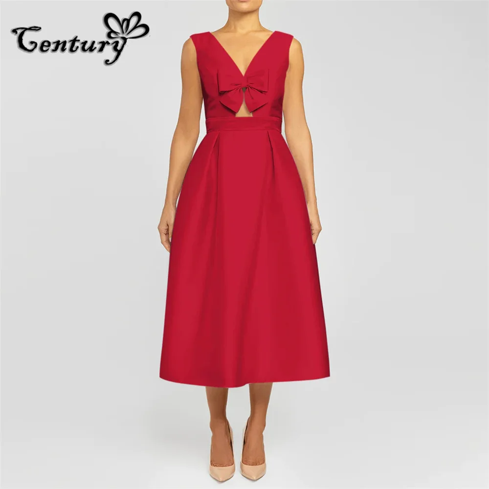 

Red Prom Dress with Pockets Bow Backless Tea Length Satin Evening Party Gowns Formal Dresses Robe De Soiree Customized