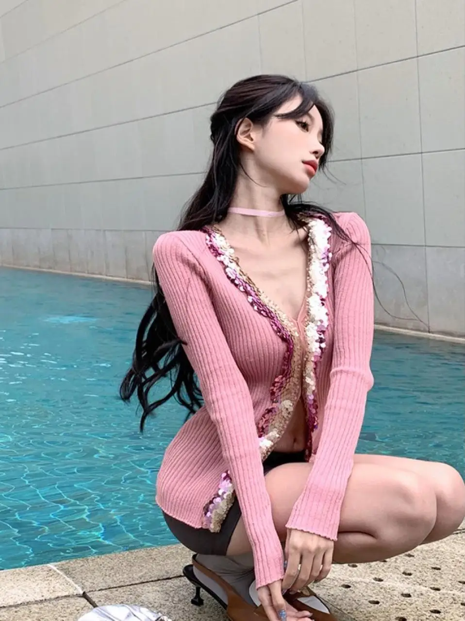 

Розовый вязаный открытый кардиган iny Tead, нежный длинный топ, тонкий свитер с v-образным вырезом, стандартный крой, весна 2025 цветов