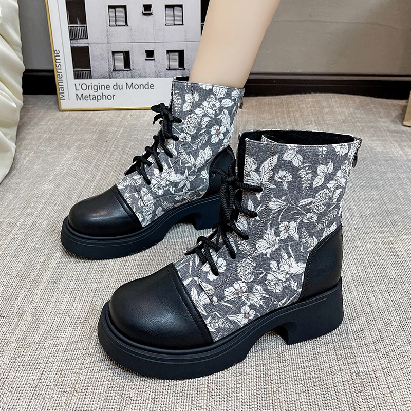 Pumpkin Print Chunky Heels Ankle Boots Women 2024 Autumn Winter PU Leather Booties Woman Fashion Lace Up Platform Combat Boots