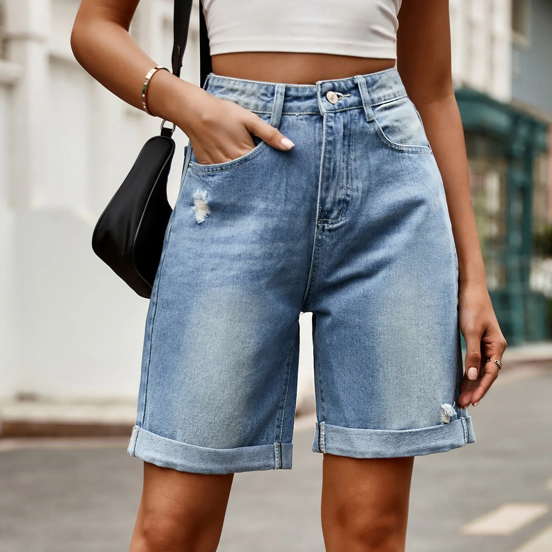 Five-point Denim Shorts Casual Denim Pants Ripped Streetwear Jeans Women Summer Hemming Tide Hole Washed Jeans Shorts