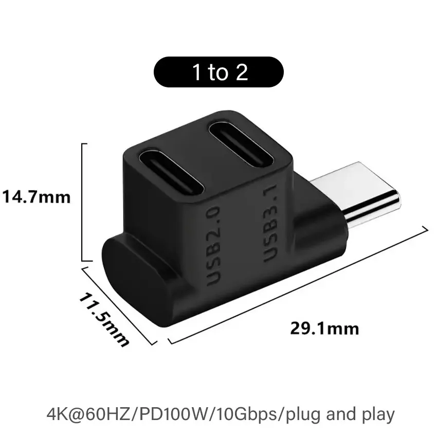 180 Degree U-shaped 100W USB 3.2 Type C Male to female 1 to 2 Adapter OTG 10Gbps Fast Data 4K Tablet USB-C Charging Converter