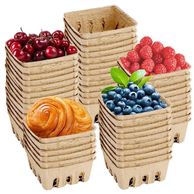 50pcs Berry Baskets For Party Favors Fruit Farmers Market Basket Natural Square Grocery Store Strawberry Pulp Fiber Container