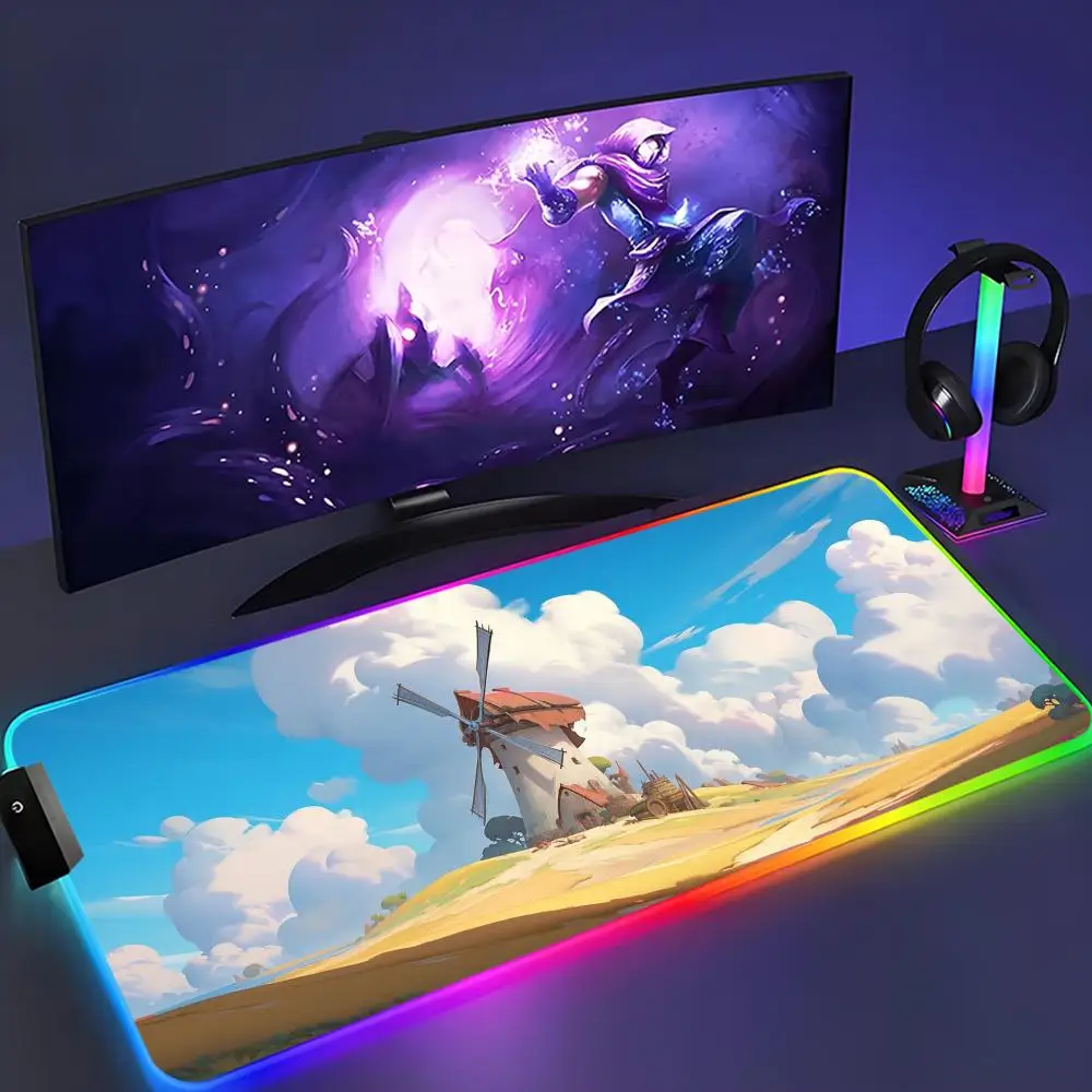 

Коврик для мыши с ветряной мельницей в стиле аниме XXL RGB, коврик для мыши Kawaii, игровые аксессуары, компьютерная клавиатура, большой светодиодный настольный коврик, коврик для мыши с подсветкой