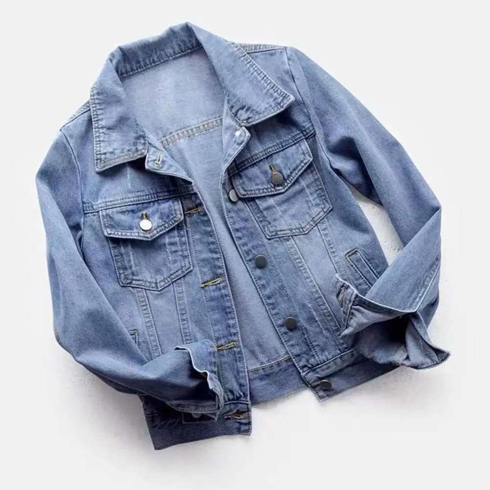 2024 New Women Jacket Turn-down Collar Long Sleeve Single-breasted Spring Autumn Denim Jacket Tops Color Solid Short Jean Jacket