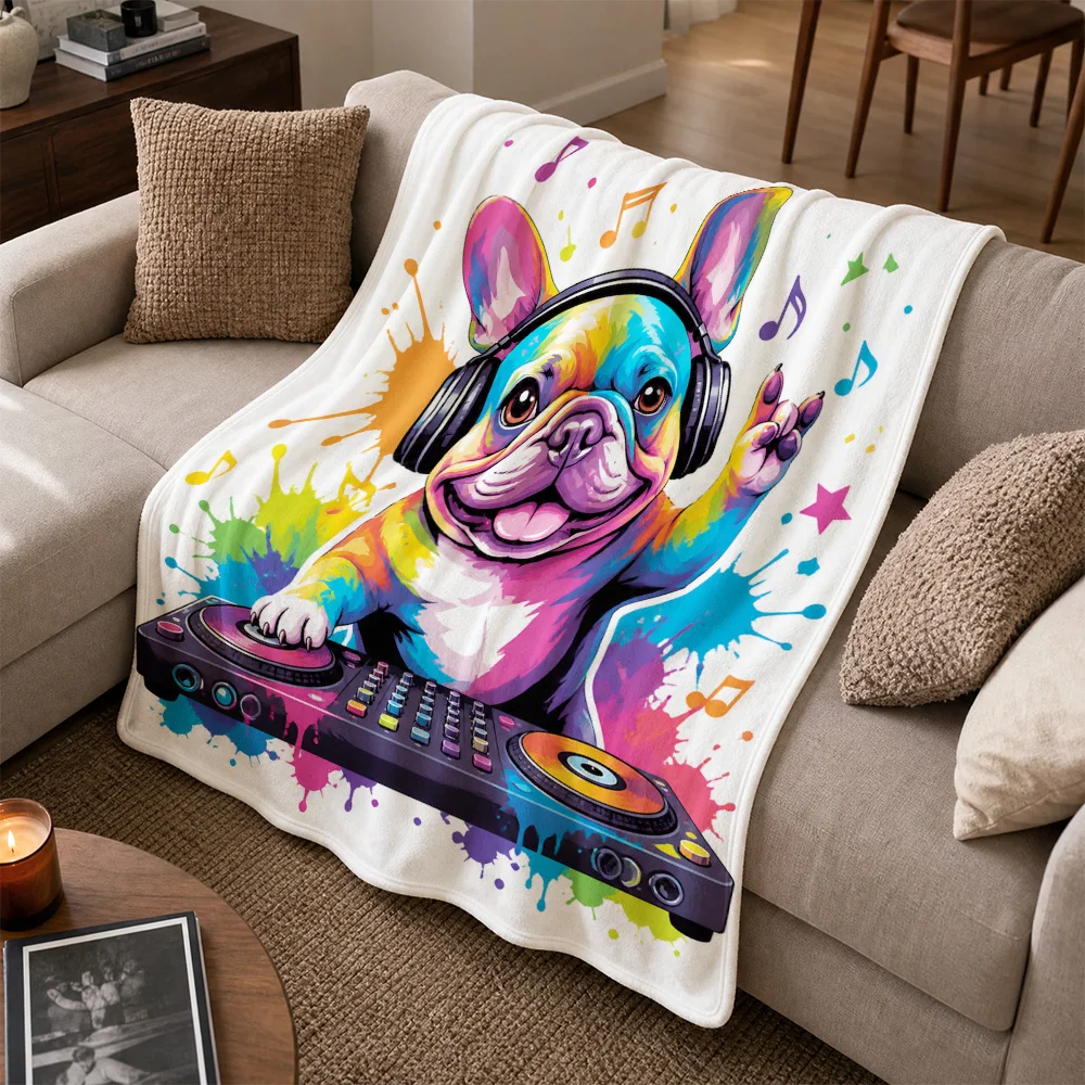 Bohemian Pop Art Dog Theme Throw Blanket for Couch Sofa Living Room Decor Cute French Bulldog Music Lover Gift Cozy Home Accesso