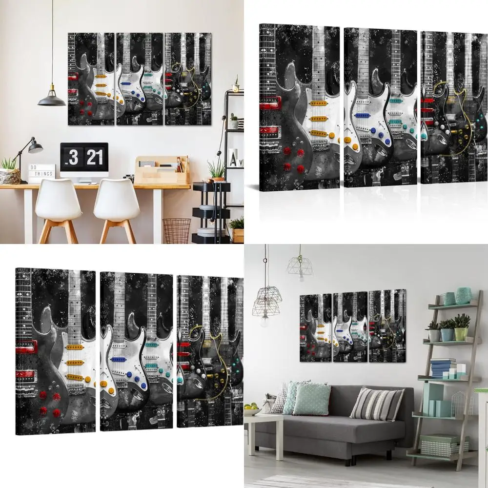 

Tri-Panel Elegant Guitar Canvas Art for Home, Gift-Worthy, Framed, 16x32 Inches