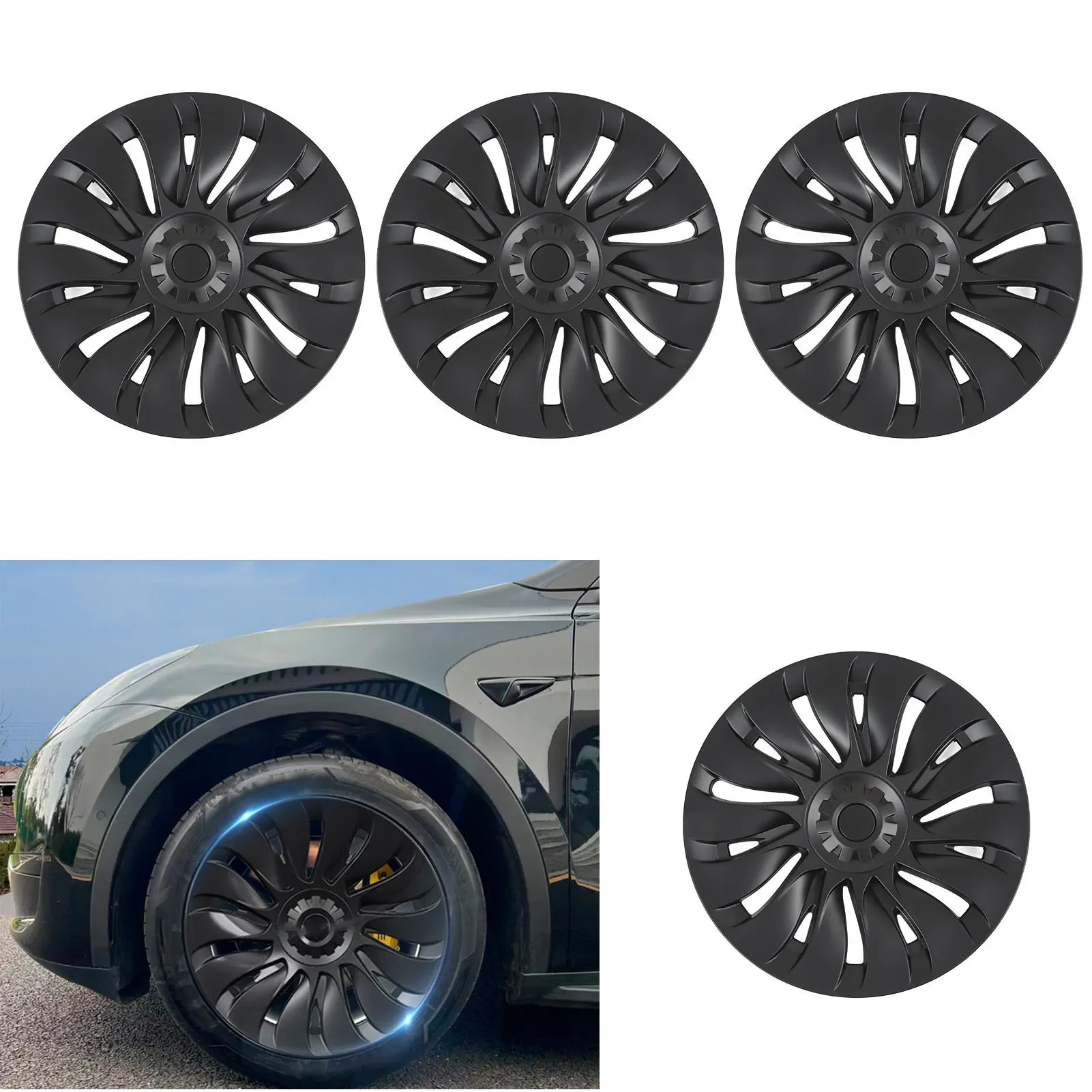 4 Pcs 18 Inch Wheel Hub Cap Matte Black Automobile Wheel Hub Fully Wrap Rim Protector Replacement for Tesla Model Y 2020 to 2023