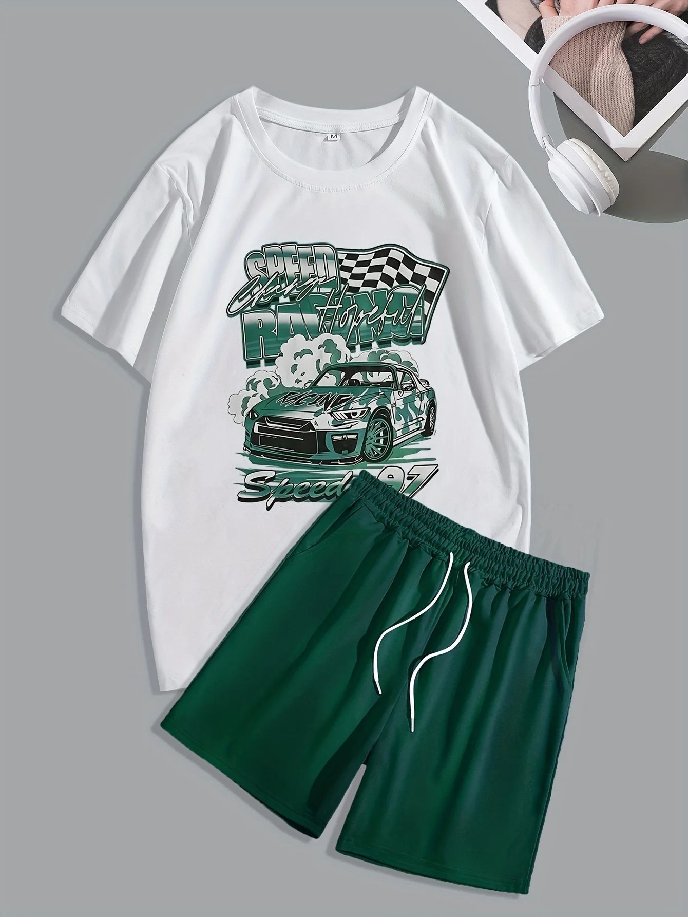 American Men's Summer Racing Race Printed Comfortable Breathable Round Neck T-shirt Drawstring Shorts Set Outdoor Street Wear
